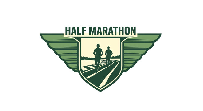 Logo design featuring two runners on a track with wings symbolizing half marathon race event