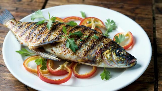Grilled fresh fish on plate with side dishes Close up Grilled fish Gourmet close up