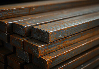 Close-up View of Stacked Rusty Square Steel Bars Industrial Material Texture Background