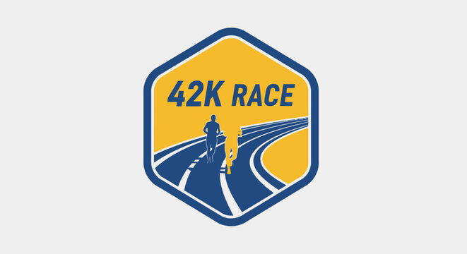 Minimalist emblem design representing a 42 kilometer long distance running race on a curved track