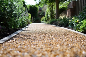 Pebbled garden path surrounded by green plants and trees on a sunny day. It can illustrate landscaping, garden design, or outdoor lifestyle concepts.