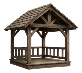 Rustic gazebo made from reclaimed barn wood, perfect for a country home.