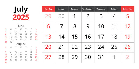 2025 july calendar. Vector English monthly. Design Sunday start