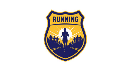 Naklejka premium silhouette of runners in a marathon race with a sun background and running text badge design