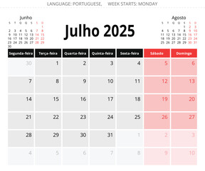 July PORTUGUESE monthly calendar for 2025 year (Julho). Vector illustration for Portugal