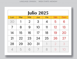 Page of 2025 Spanish july calendar - month julio. Vector illustrations for month Spain