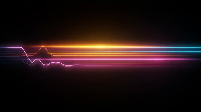 A seamless loop of colorful neon light streaks shifting across a dark matte surface. A clean, retro-futuristic motion background for tech, nightlife, and creative text visuals