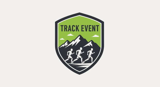 Minimalist outdoor running track event logo featuring mountains and runners in a shield emblem