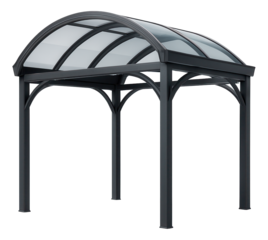 Gazebo with a curved arch roof and glass panels for a contemporary home garden.