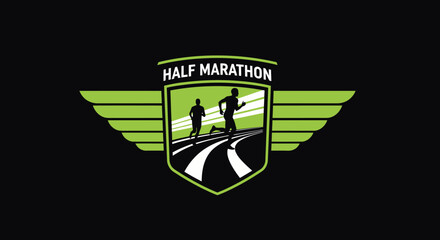 minimalist logo design representing half marathon runners on a track with wing elements