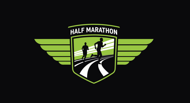 minimalist logo design representing half marathon runners on a track with wing elements