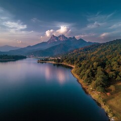 Stunning hdr landscape reflection mountain lake nature serenity aerial view