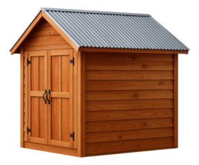 A wooden garden shed with a pitched roof, perfect for storing gardening tools in a private backyard.