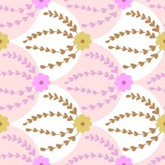 Seamless floral pattern with stylized branches and simple flowers in soft pink, brown, and yellow tones. Playful retro vibe, perfect for textiles or wrapping.

