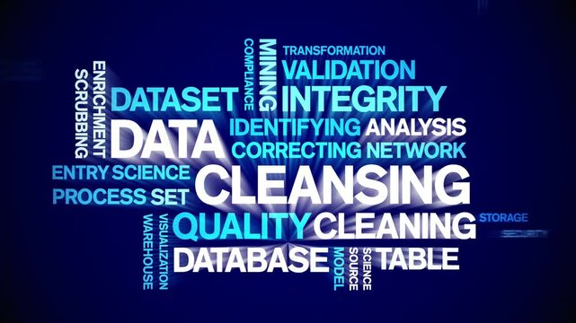Data Cleansing animated word cloud;text design animation tag kinetic typography seamless loop.