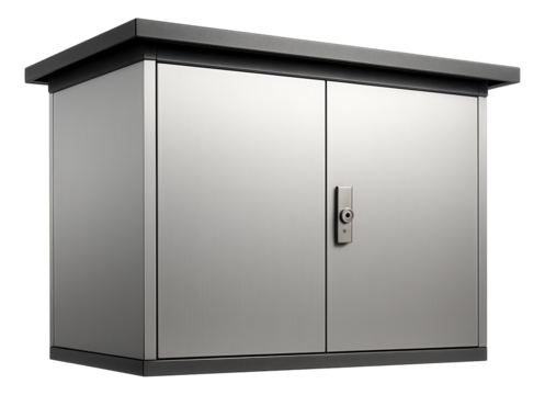 A sleek aluminum shed with an integrated lock, ensuring safe storage for tools in a high-density urban courtyard.