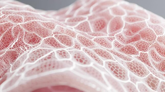 Artificial skin mesh texture in smooth camera motion, revealing advanced biomedical design for tissue regeneration, transplant, and future healthcare innovation.