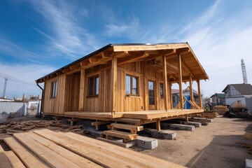 A newly-constructed, small wooden house on a raised foundation, partially surrounded by lumber and construction materials under a bright, partly cloudy sky
