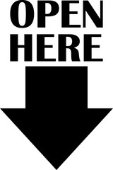 Open here icon vector flat style. Open here sticker with text and directional arrow for package design. Special tag on box. Guidance or opening instruction isolated on transparent background.