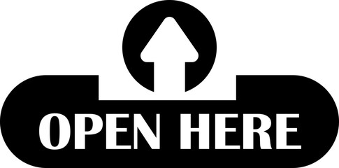 Open here icon vector flat style. Open here sticker with text and directional arrow for package design. Special tag on box. Guidance or opening instruction isolated on transparent background.