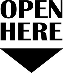 Open here icon vector flat style. Open here sticker with text and directional arrow for package design. Special tag on box. Guidance or opening instruction isolated on transparent background.