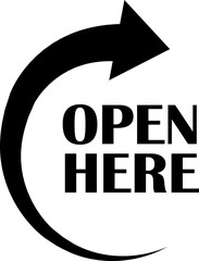 Open here icon vector flat style. Open here sticker with text and directional arrow for package design. Special tag on box. Guidance or opening instruction isolated on transparent background.