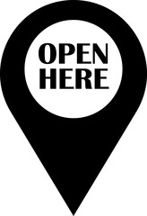 Open here icon vector flat style. Open here sticker with text and directional arrow for package design. Special tag on box. Guidance or opening instruction isolated on transparent background.