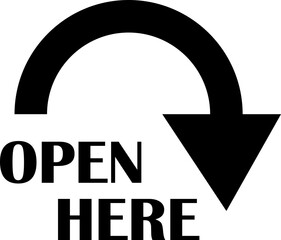 Open here icon vector flat style. Open here sticker with text and directional arrow for package design. Special tag on box. Guidance or opening instruction isolated on transparent background.