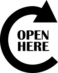 Open here icon vector flat style. Open here sticker with text and directional arrow for package design. Special tag on box. Guidance or opening instruction isolated on transparent background.