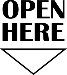 Open here icon vector line style. Open here sticker with text and directional arrow for package design. Special tag on box. Guidance or opening instruction isolated on transparent background.
