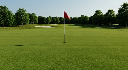 Obraz premium Golf Course Tranquility: A serene golf course scene, showcasing a lush green fairway leading towards the pin with a fluttering red flag under a clear, sunny sky.