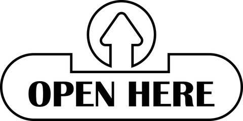 Open here icon vector line style. Open here sticker with text and directional arrow for package design. Special tag on box. Guidance or opening instruction isolated on transparent background.
