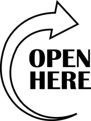 Open here icon vector line style. Open here sticker with text and directional arrow for package design. Special tag on box. Guidance or opening instruction isolated on transparent background.
