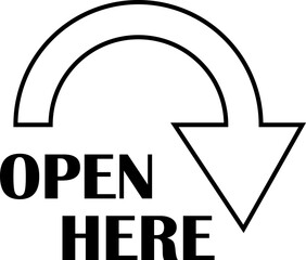 Open here icon vector line style. Open here sticker with text and directional arrow for package design. Special tag on box. Guidance or opening instruction isolated on transparent background.