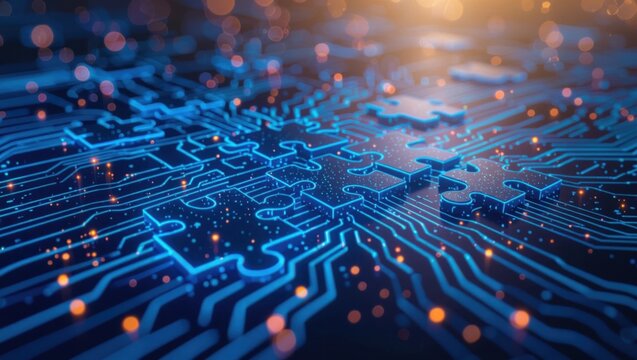 Abstract digital circuit board with interlocking puzzle pieces and glowing lights representing connectivity and solutions