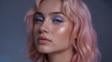 Fototapeta premium Young caucasian female with pink hair and lavender makeup in soft lighting