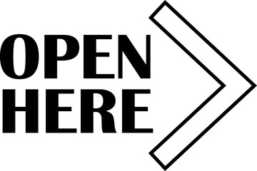 Open here icon vector line style. Open here sticker with text and directional arrow for package design. Special tag on box. Guidance or opening instruction isolated on transparent background.