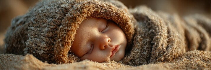 Newborn baby peacefully sleeping in a cozy, textured blanket on a soft surface during a serene moment