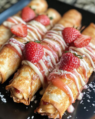 Delicious pancakes with strawberry jam and fresh berries on a plate for breakfast