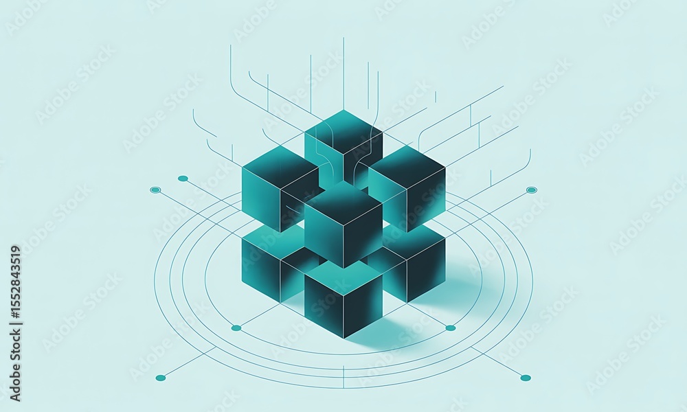 Poster connected cubes represent decentralized data in an abstract illustration with lines and rings, symbo