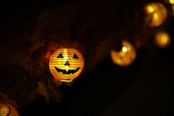 Halloween Jack-o'-Lantern Lights with Autumn Leaves for Spooky Fall Decorations
