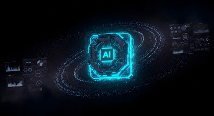 Futuristic AI Circuit Board with Data Visualization in a Dark Space