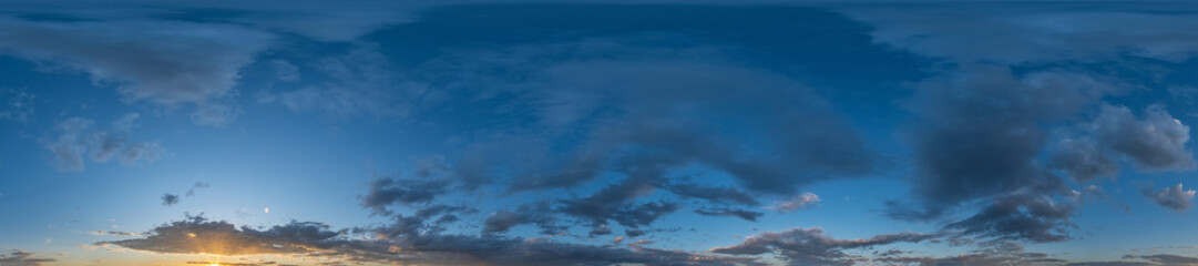 Dark blue sunset sky panorama with Cirrus clouds. Seamless hdr pano in spherical equirectangular...