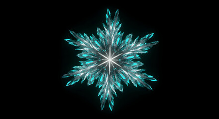 Glowing Crystal Snowflake on Black Background: Abstract Winter Design