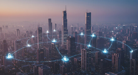 Fototapeta premium Illuminated Padlock Network Connecting Skyscrapers in a Modern Cityscape at Dusk