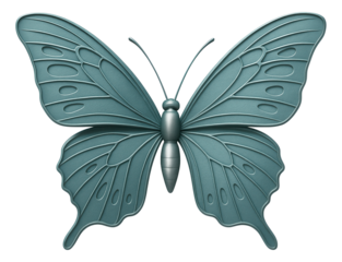Metal sculpture of a butterfly, finished with weather-resistant paint, intended for a decorative wall accent on a balcony.