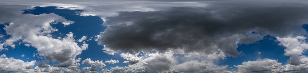seamless hdri 360 panorama of dark blue sky before sunset with awesome storm clouds for use in 3d...
