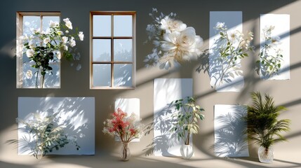 Floral arrangements with window shadows on display panels for product showcases, presentations, and visual marketing.