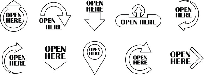 Open here icons vectors set line styles. Open here sticker with text and directional arrows for package designs. Special tag on box. Guidance or opening instruction isolated on transparent background.