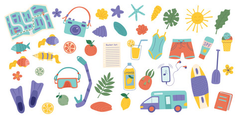 Set of summer travel beach objects isolated on white background. Travel and vacation concept. Vector flat cliparts.